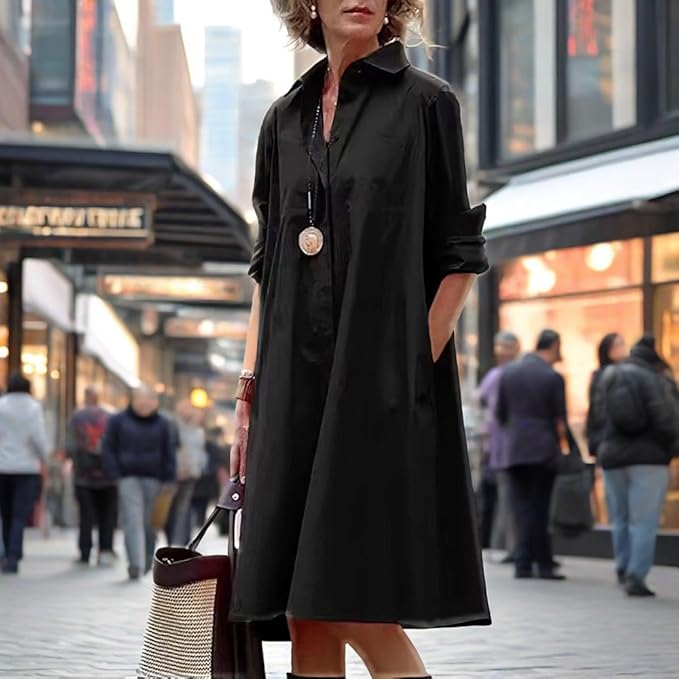 Womens 2025 Long Sleeve Button Down Shirt Summer Dress Casual V Neck Loose Fit Midi Shirt Dresses with Pockets