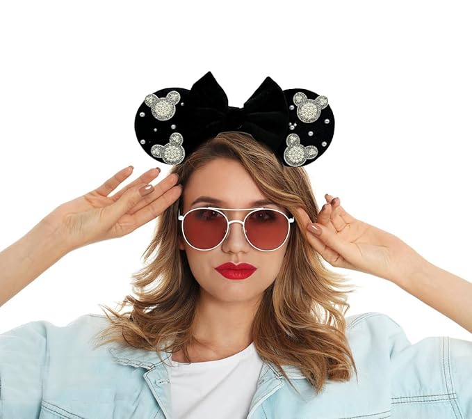 WW-WONDERFULWORLD Mouse Ears Headband with Pearl Rhinestones, 4-inch Black Velvet Ears, Decorative Costume Accessory, Party Cosplay; FG8