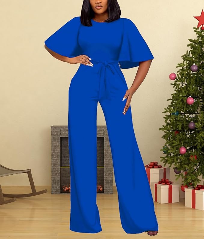 BessCops Womens Loose Short Sleeve Belted Wide Leg Pant Romper Jumpsuit Casual Business One Piece Outfits