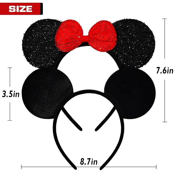 MADO 2 pack mouse ears headbands for adults women little girls boys (black red, onesize)