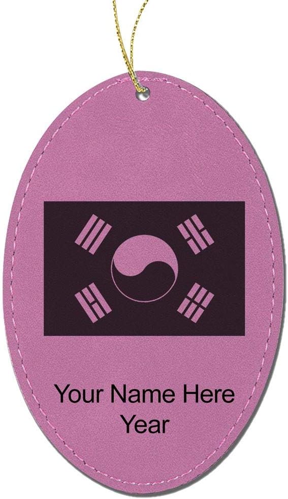 LaserGram Personalized Christmas Ornament, Flag of South Korea, Faux Leather, Custom Laser Engraved Gift Idea (Oval Shape, Pink)