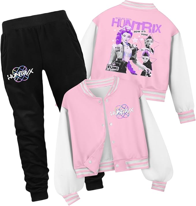 K PopGirls Kpop Tracksuit Cute Cartoon Print Baseball Coats Fashion Long Sleeve Jackets and Pants Christmas Costume Set