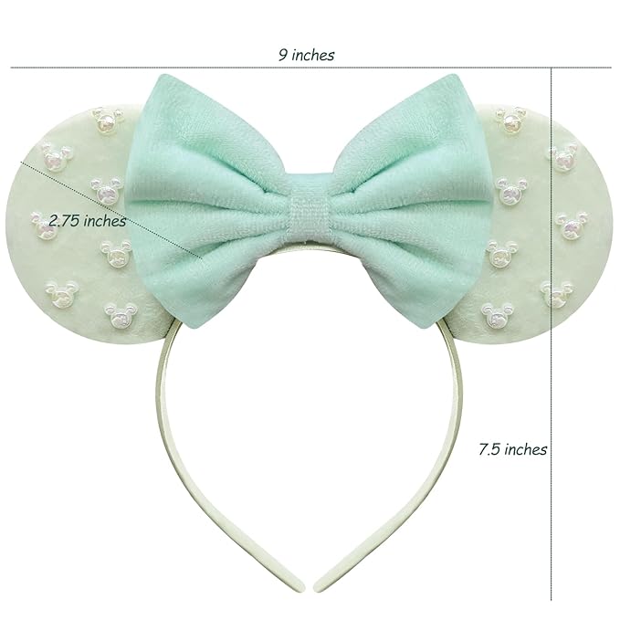 Trnerm Mint Green Fuzzy Mouse Ears Headband for Women, Cute Beads Headband with Bows，Halloween Costume Accessory