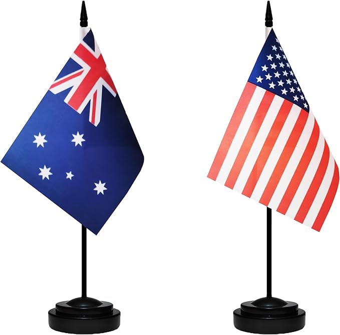 USA American & Australia Australian Desk Flags, US Australia Table Flag, Small Mini American & Australian Twin Table Office Flag, Miniature Australian and US Desktop Flag With 13" Solid Black Pole, Black Base