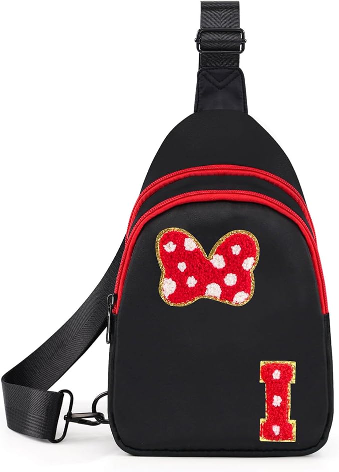 7 8 9 10 11 12 13 14 Year Old Girl Birthday Gifts, Black Initial Bow Mouse Park Small Sling Bag for Girls Daughter Women, Teen Girl Gifts Trendy Stuff Crossbody Fanny Pack Must Haves for Park Travel I