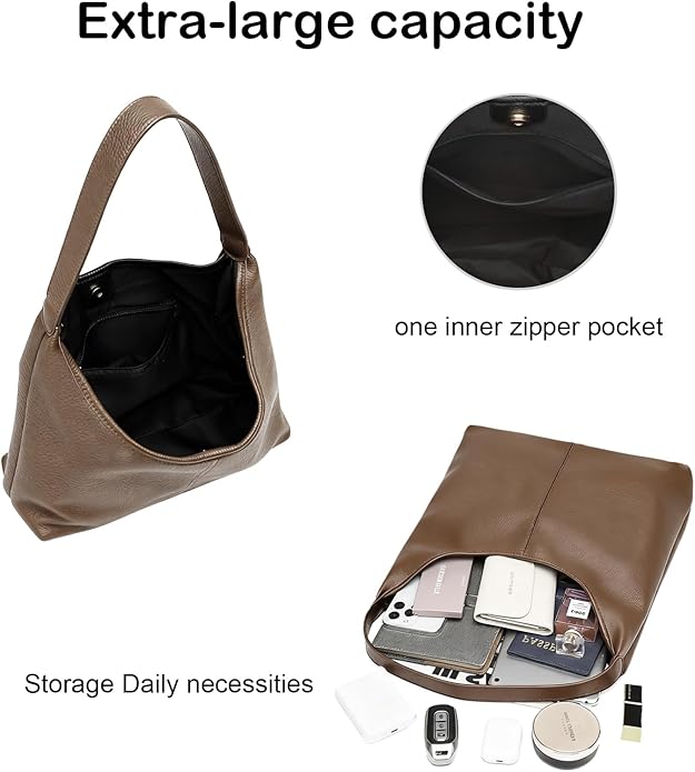 Hobo Bag for Women, Easygoing Soft Vegan Leather Shoulder Handbag Tote Purse, Spacious Work Tote, Crossbody Bag for Daily Use