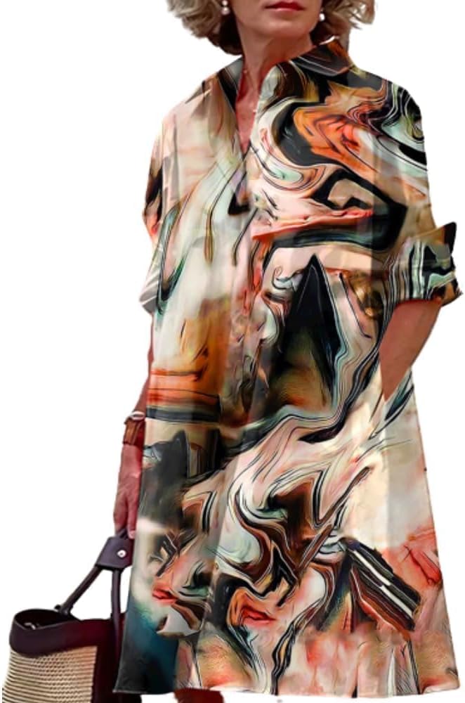 Womens 2025 Long Sleeve Button Down Shirt Summer Dress Casual V Neck Loose Fit Midi Shirt Dresses with Pockets