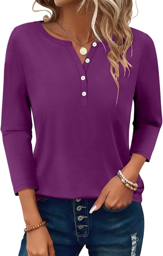 PGANDS Women's 3/4 Length Sleeve T Shirts Button Down Scoop Neck Casual Tops