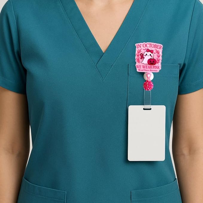 in October We Wear Pink Breast Cancer Awareness Badge Reel Ghost Halloween Hospital Clinic ID Name Holder Clip Fighters Support Survivors Accessories Gift for Healtcare Workers CNA Nurse Coworkers