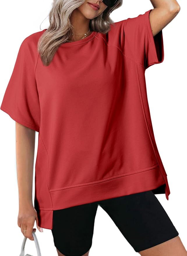 Dokotoo Oversized T Shirts for Women Crewneck Short Sleeve Casual Summer Tops Lightweight Loose High Low Blouse