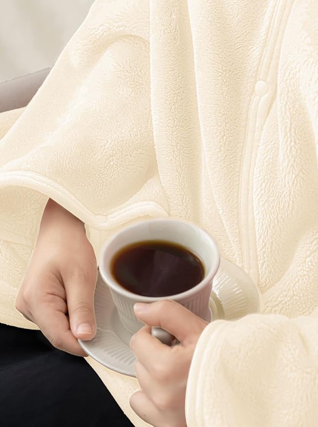 Mellowdy Shawl Blanket Pillow 2-in-1 with Sleeves for Office, Work, Home (Pearled Ivory, 40x60) - Wearable Adult Snuggie Coat Poncho, Airplane Travel Set, Fleece Shoulder Wrap for Men and Women