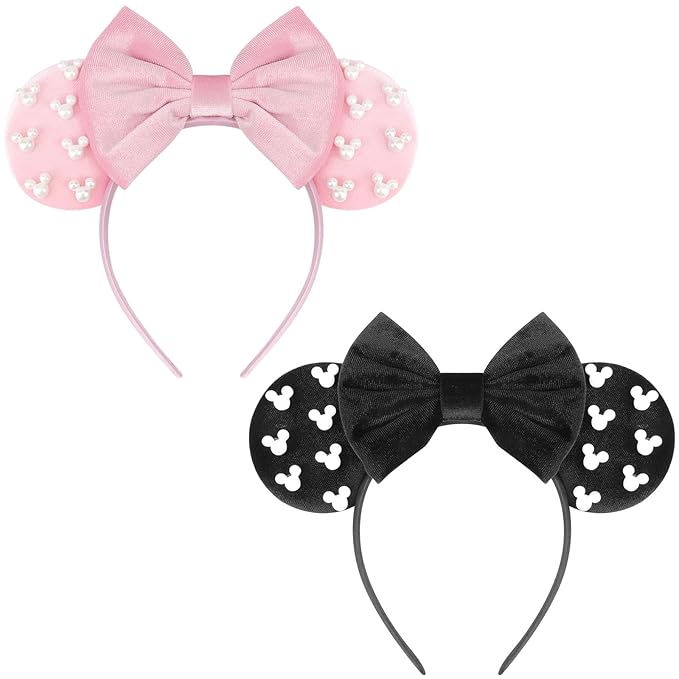 DRESHOW Mouse Ears Headbands for Women Pearl Hairbands Bow Head Bands Velvet Head Band Christmas Cosplay Costume Princess Party Decorations Halloween & Disney Trip