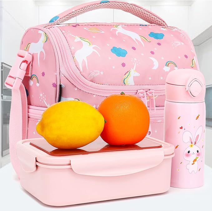 FlowFly Kids Double Decker Cooler Insulated Lunch Bag Large Tote for Boys, Girls, Men, Women, With Adjustable Strap, Unicorn