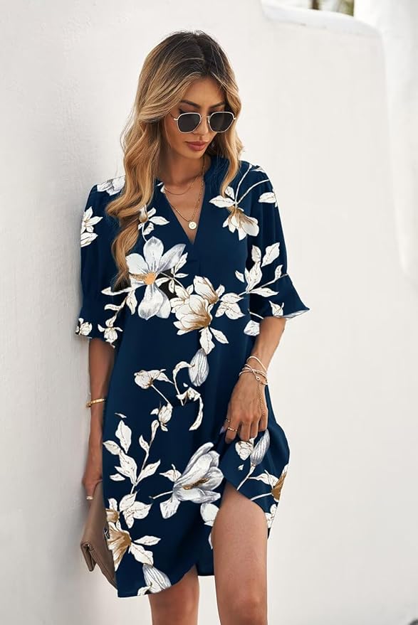 QACOHU Summer Dresses for Women V Neck Ruffle Short Sleeve Casual Shift Dress