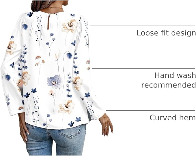 Samefar Womens Tops Dressy Casual Pleated Crew Neck Long Sleeve Shirts Office Work Chiffon Blouses