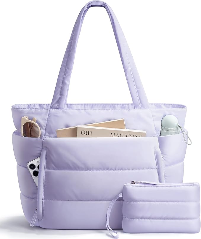 Puffer Tote Bag for Women, Lightweight Puffy Work Handbag Teacher Nurse Quilted Shoulder Bag for School Travel Gym | Quilted, with Zipper, Daily Carry On Bags, Comfy College Bags, 15.6" Laptop Sleeve, Cup Holder Pocket, Portable, Spacious