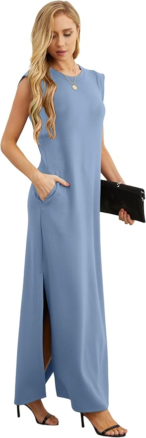 GRECERELLE 2026 Women Year-Round Casual Round Neck Loose Split Wrinkle-Free Long Maxi Vacation Dress with Pockets (XXS-4XL)
