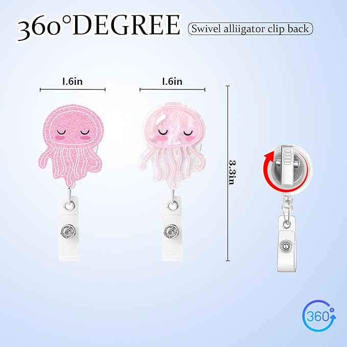 2 Pcs Cute Jellyfish Badge Reel - Retractable ID Holder with Alligator Clip& Nylon Cord | AcrylicClip for Nurse Nurses Office Worker Teacher Student