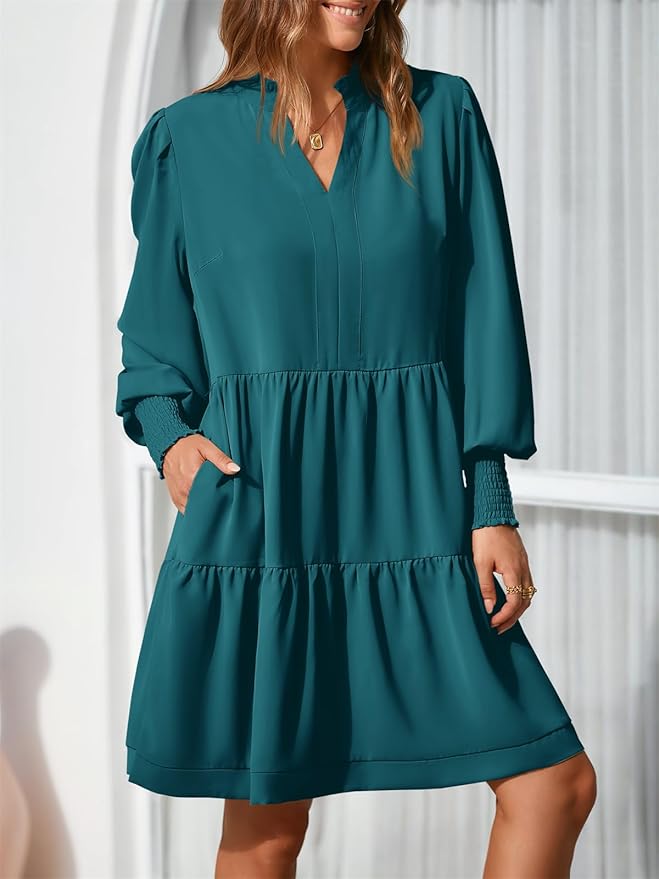 Imily Bela Womens Fall Long Sleeve Tunic Dress Casual V Neck Loose Ruffle Tiered Dress