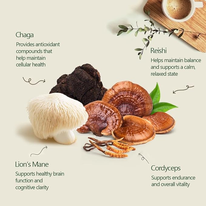 Hellomush Organic Instant Mushroom Coffee with Lions Mane, Reishi, Chaga and Cordyceps Coffee, Adaptogen Drink for Greater Energy, More Focus, Better Digestion, and Gut Support 30 Servings 3.7 oz