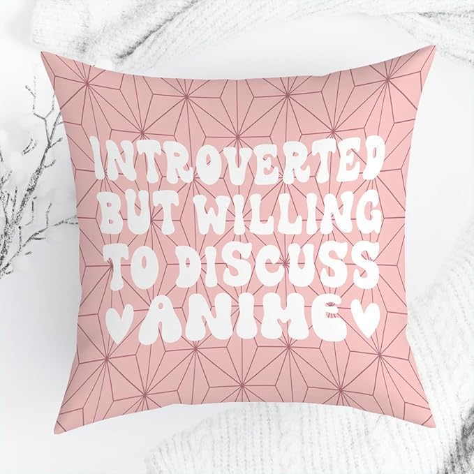 NGLIV Anime Decor, Introverted But Willing to Discuss Anime Room Decorative Throw Pillow Covers, Girls Anime Gifts Anime Lovers for Home Living Room Girl Women Bedroom Decoration Gifts Pink