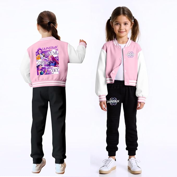 K PopGirls Kpop Tracksuit Cute Cartoon Print Baseball Coats Fashion Long Sleeve Jackets and Pants Christmas Costume Set