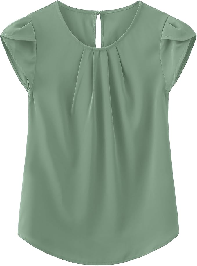 TASAMO Women's Casual Round Neck Basic Pleated Top Cap Sleeve Curved Keyhole Back Chiffon Blouse