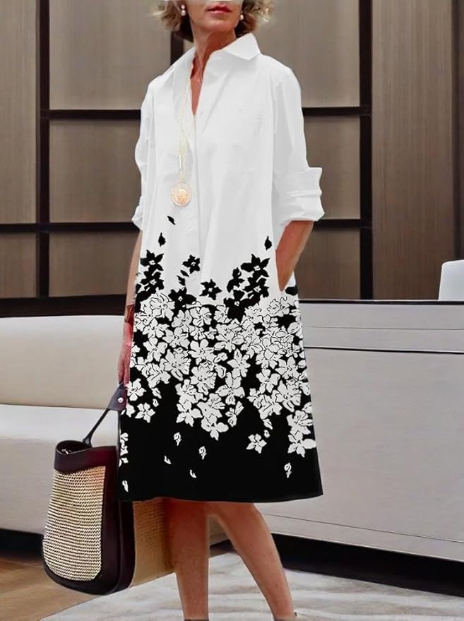 Womens 2025 Long Sleeve Button Down Shirt Summer Dress Casual V Neck Loose Fit Midi Shirt Dresses with Pockets