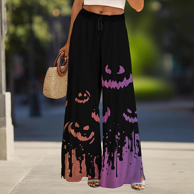 domirica Halloween Pants Women Drawstring Elastic Waist Wide Leg Pants Ladies Pumpkin Ghost Pajama Vintage Street Wear