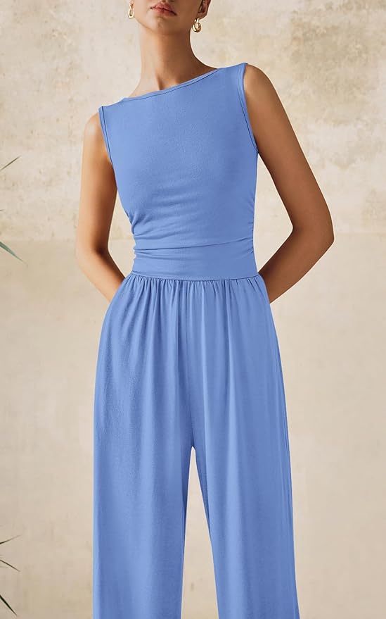 PRETTYGARDEN One Piece Jumpsuits for Women Dressy Casual Sleeveless Crewneck Wide Leg Rompers Jumpers Vacation Summer Outfits