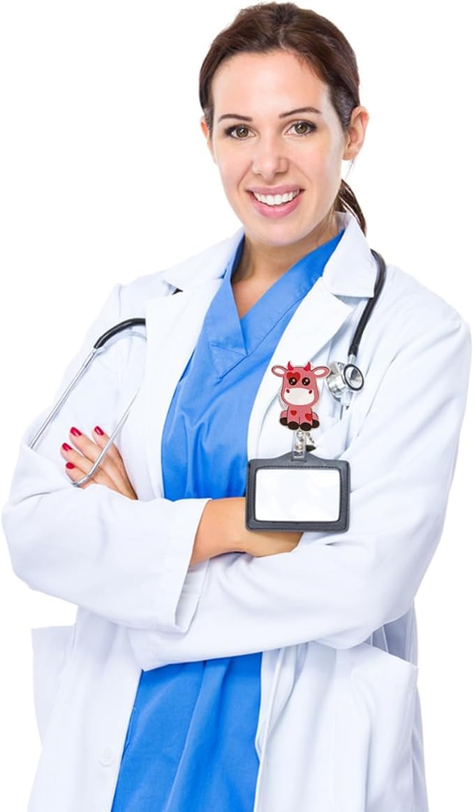 Cute Pink Cow Valentines Badge Reel Holder for Nurse Retractable Badge Reel Holder Name ID Badge Reels Funny Cute Badge Holder with Swivel Alligator Clip for Lover Nurse Doctor Teacher