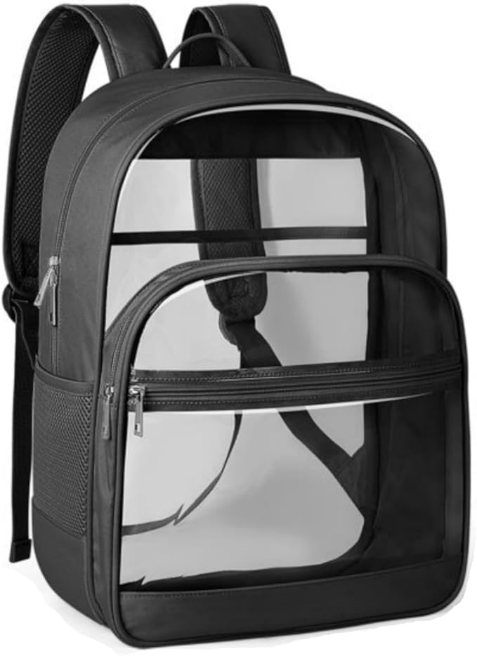 KIMNERPU Clear Backpack, Heavy Duty Transparent Bookbag for School, Fabric & PVC Transparent Backpack with Reinforced Strap for Women Men, Capacity Clear Bag for College, Travel, Security, Black