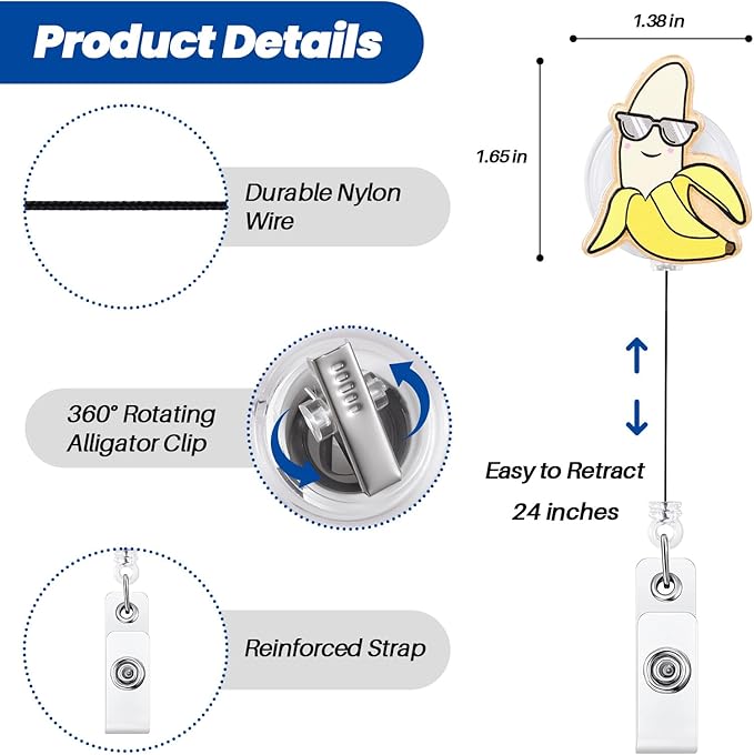Cute Banana Badge Reel | Retractable ID Card Badge Holder | Name Tag Work Badge Clip for RN LPN CNA MA ER Night Shift Nurse Nursing Student Doctor Teacher| Coworker Gifts | Acrylic｜Alligator Clip