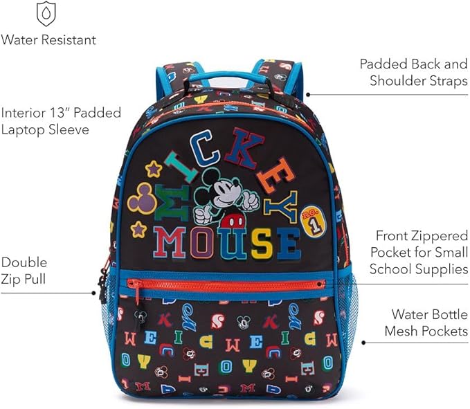 Disney Store Official Mickey Mouse Letters Backpack - Kids Backpack with Embroidered Accents, Adjustable Straps, Zip Compartments & Mesh Pockets, Screen Art Featuring Mickey Mouse