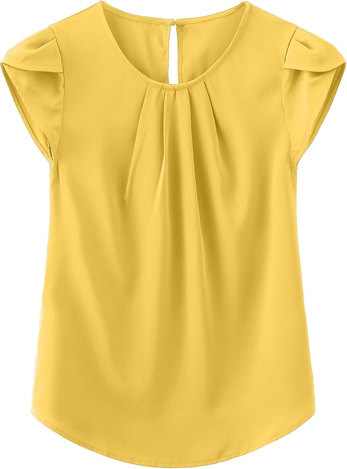 TASAMO Women's Casual Round Neck Basic Pleated Top Cap Sleeve Curved Keyhole Back Chiffon Blouse