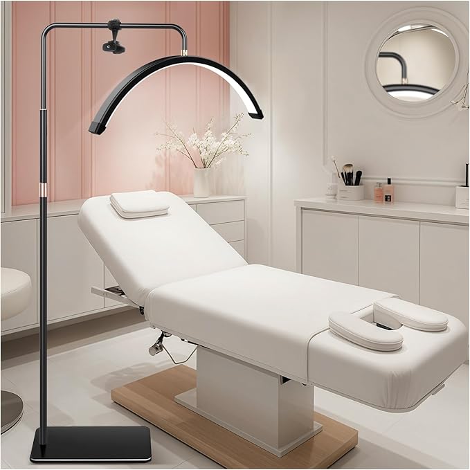 Lash Light for Eyelash Tech-Esthetician Ring Light, Half Moon Light for Led Lash Lamp Extensions, Tattoo Artists, Nail Tech - Cool, Warm Lamp with Adjustable Brightness & Height, Phone Holder (Black)