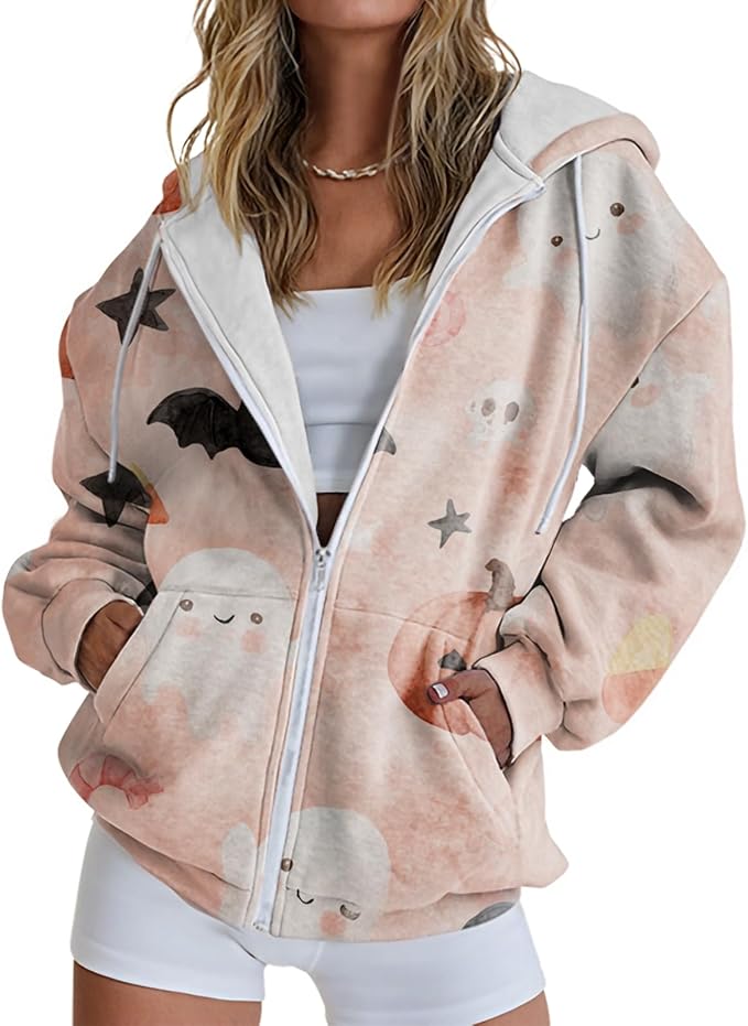 domirica Halloween Hoodie Lightweight Zip Hoodies For Women Fall Casual Vintage Sweatshirt Casual Wear Fashion Outfits
