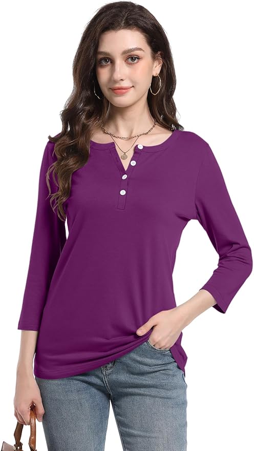 PGANDS Women's 3/4 Length Sleeve T Shirts Button Down Scoop Neck Casual Tops