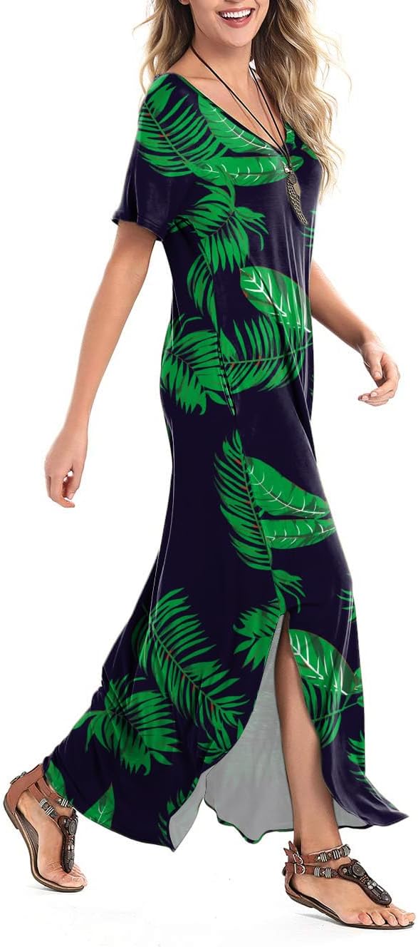 Arolina Women's Summer Maxi Dress Short Sleeve V Neck Casual Loose Long Beach Split Dresses with Pockets