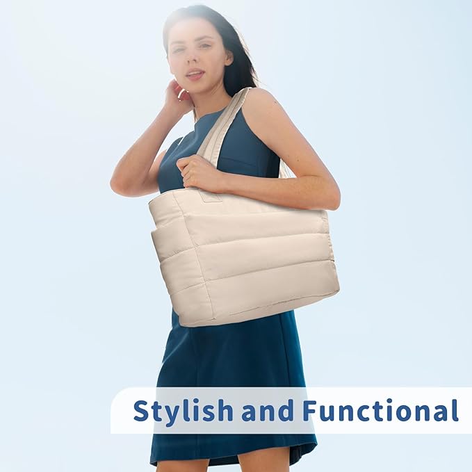 TOPDesign Puffer Tote Bag for Women, Lightweight Puffy Handbag with Compartments, Quilted Shoulder Bag for Work, Travel, Gym