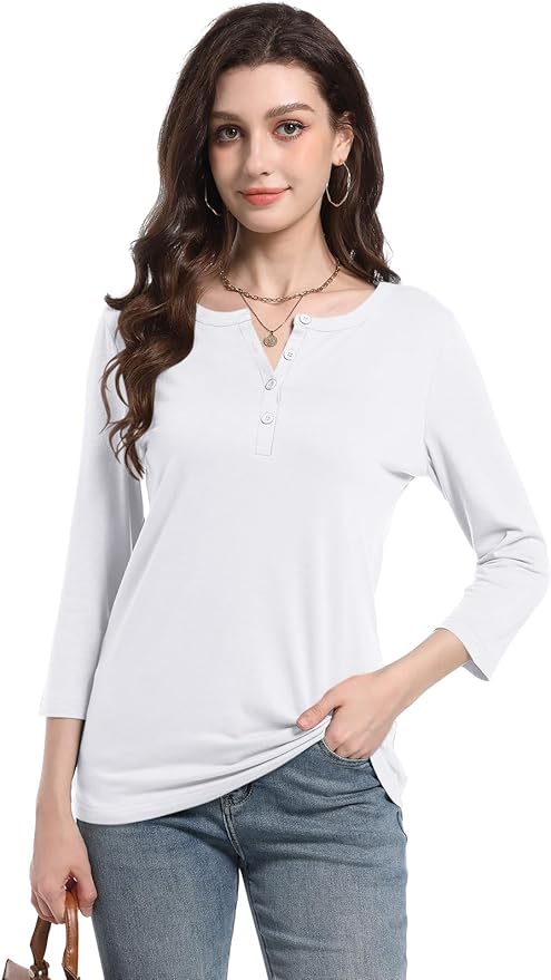 PGANDS Women's 3/4 Length Sleeve T Shirts Button Down Scoop Neck Casual Tops