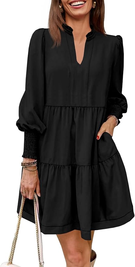 Imily Bela Womens Fall Long Sleeve Tunic Dress Casual V Neck Loose Ruffle Tiered Dress