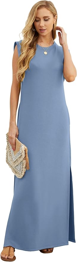 GRECERELLE 2026 Women Year-Round Casual Round Neck Loose Split Wrinkle-Free Long Maxi Vacation Dress with Pockets (XXS-4XL)