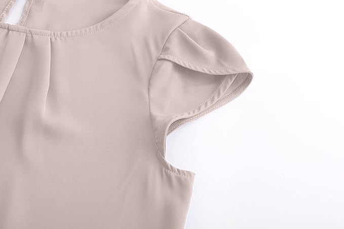 TASAMO Women's Casual Round Neck Basic Pleated Top Cap Sleeve Curved Keyhole Back Chiffon Blouse