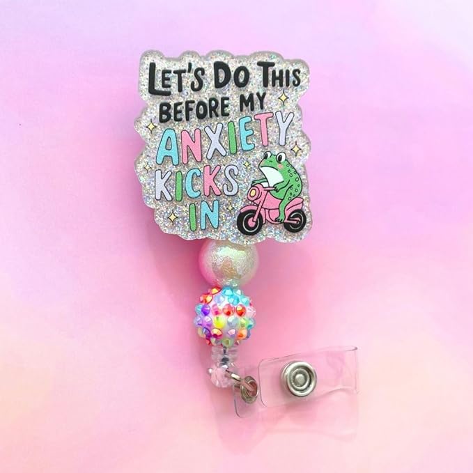 Anxiety Frog Beaded Badge Reel Holder Retractable ID Clip Lanyard Cute Funny Humor Aesthetic Therapist Nurse Doctor Teacher Office Work Accessory Stress Relief Mental Health Gifts Hospital Supplies