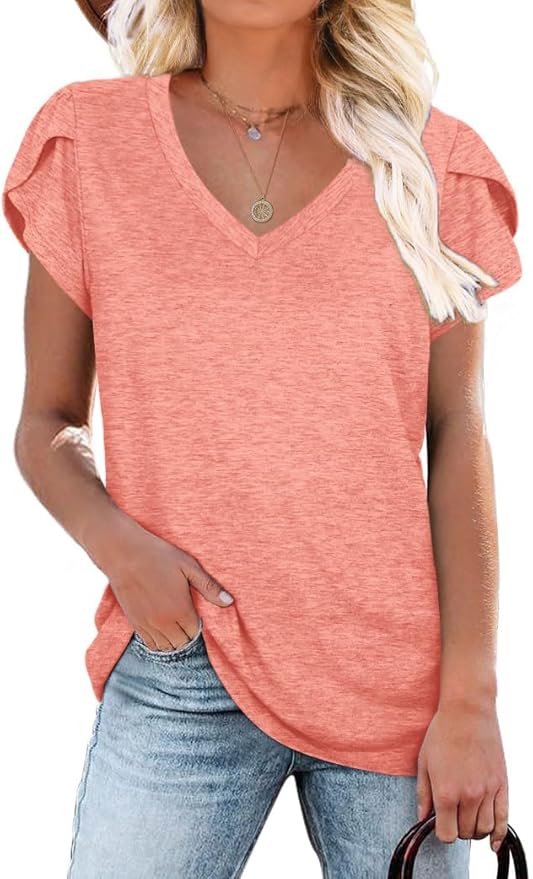 WIHOLL Womens Tops V Neck Summer Petal Sleeve Casual Tshirts