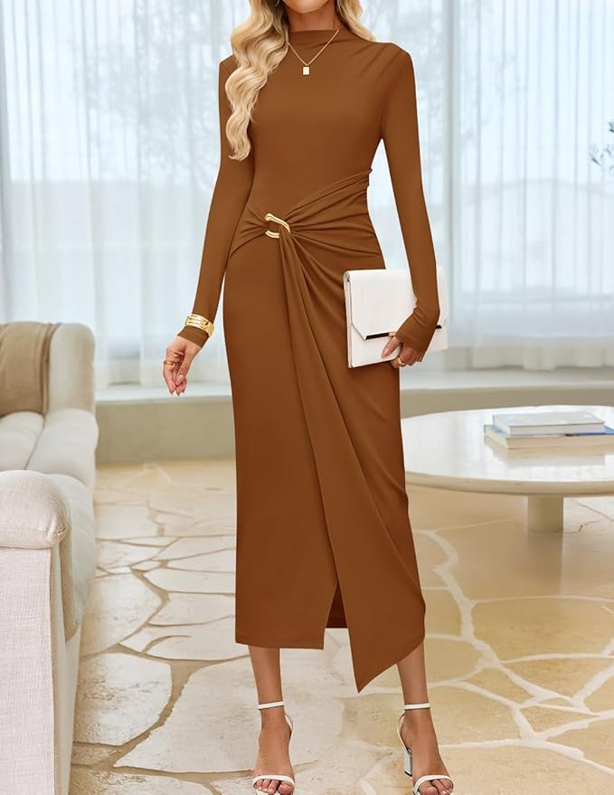 ZESICA Women's 2026 Spring Long Sleeve Bodycon Dress Mock Neck Wedding Guest Cocktail Party Long Midi Dresses