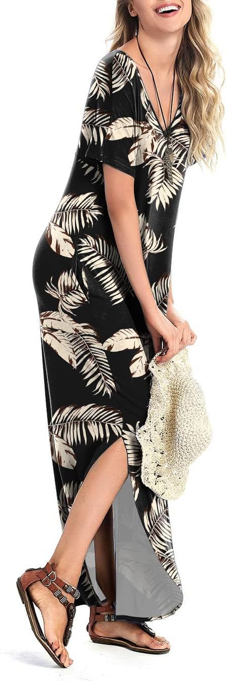 Arolina Women's Summer Maxi Dress Short Sleeve V Neck Casual Loose Long Beach Split Dresses with Pockets