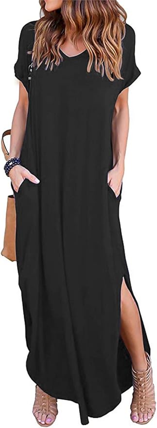 Arolina Women's Summer Maxi Dress Short Sleeve V Neck Casual Loose Long Beach Split Dresses with Pockets