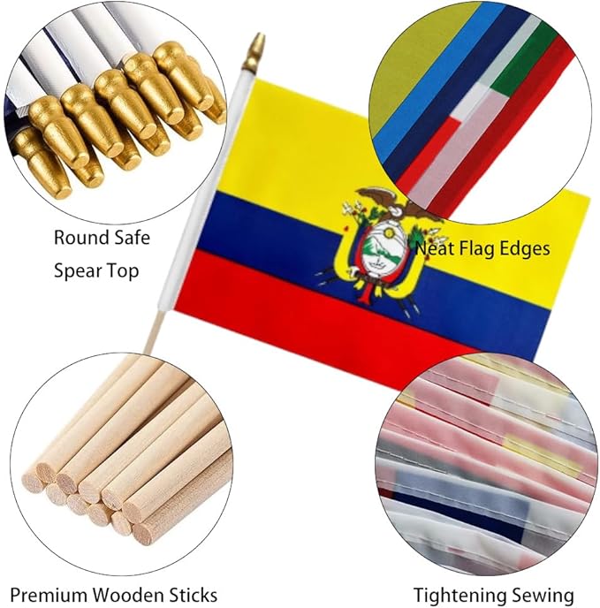 GSYLPFT 12 Pack Ecuador Flags on Sticks Ecuadorian Small Mini Hand Held Flags for Office Classroom Holiday Party Decorations